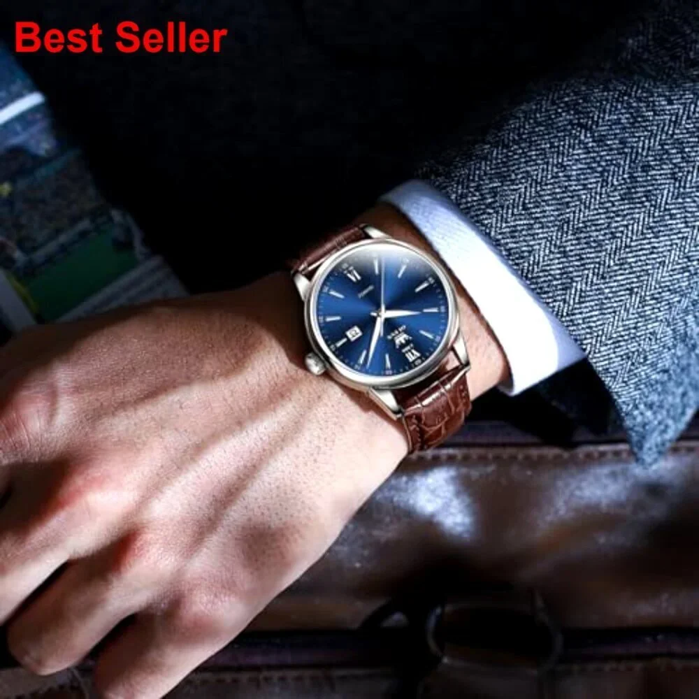 Stainless Steel Men's Watch with Leather Band, Waterproof, Date Display